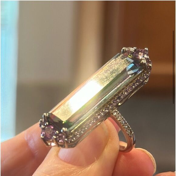 COLORSHIFT RING AMETHYST, QUARTZ & TOPAZ 10+ CARATS RHODIUM OVER SS SIZE 7 NEW - Picture 3 of 14